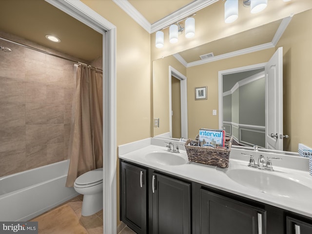 bathroom featuring ornamental molding, tile patterned flooring, toilet, double vanity, and shower / bath combination with curtain