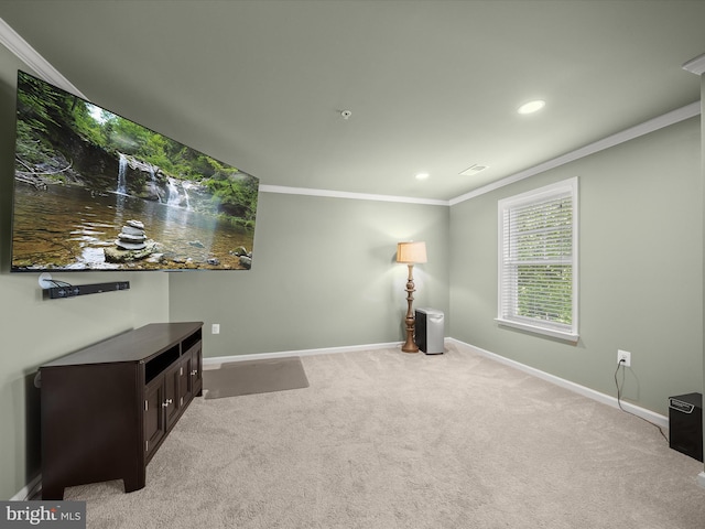 unfurnished room with crown molding, baseboards, light carpet, and recessed lighting