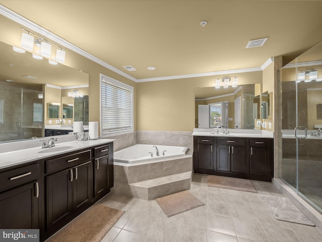 full bathroom with tile patterned floors, a bath, a stall shower, healthy amount of natural light, and crown molding