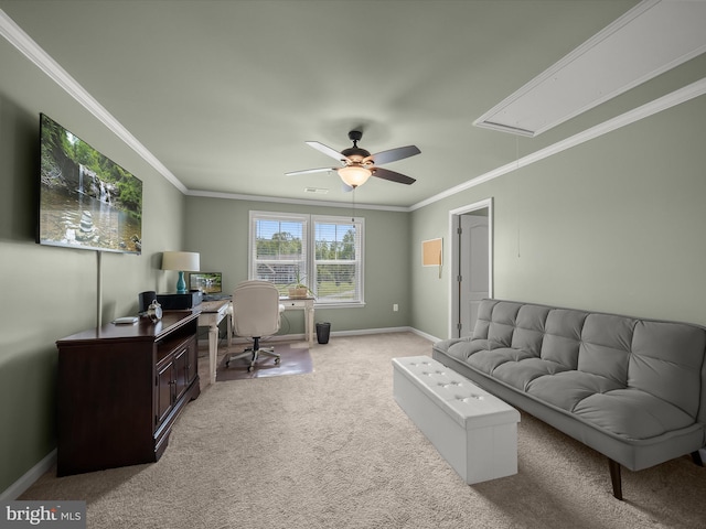 carpeted office with attic access, ornamental molding, baseboards, and ceiling fan