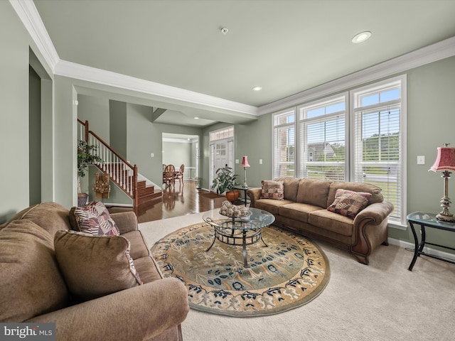living room with ornamental molding, stairway, baseboards, recessed lighting, and carpet