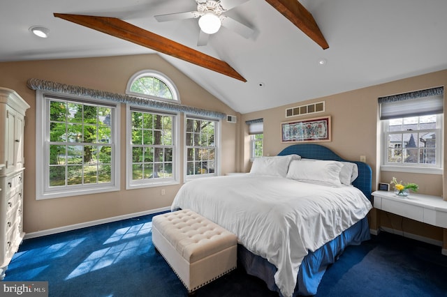 bedroom with visible vents, baseboards, lofted ceiling with beams, and carpet