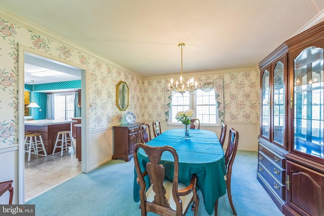 2707 E Crossing Cir, Norristown, PA 19403 - dining area featuring a wainscoted wall, a chandelier, wallpapered walls, light colored carpet, and ornamental molding