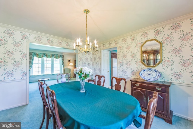 2707 E Crossing Cir, Norristown, PA 19403 - carpeted dining room with a chandelier, wainscoting, wallpapered walls, and ornamental molding