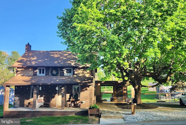 view of front of property with brick siding, roof with shingles, a chimney, and a patio