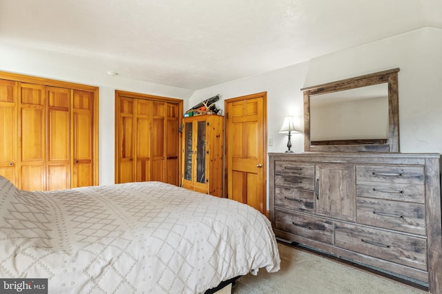 bedroom with carpet flooring and two closets