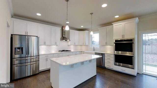 1094 Linden Tree Dr, Taft Model, Annapolis, MD 21409 - kitchen with stainless steel appliances, wall chimney range hood, dark wood-style floors, white cabinets, and recessed lighting