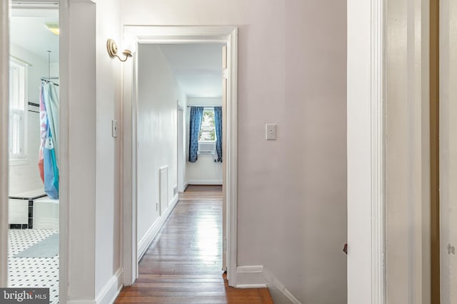 hall with baseboards and wood finished floors
