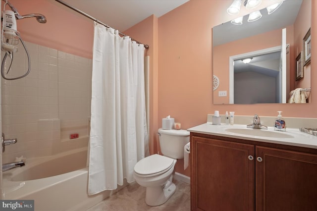 bathroom with shower / bath combo with shower curtain, vanity, toilet, and tile patterned flooring