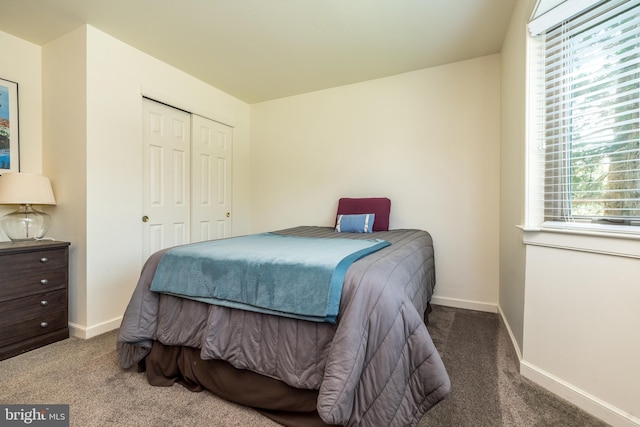 bedroom with carpet floors, baseboards, and a closet