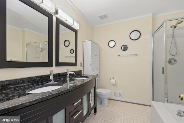 bathroom featuring visible vents, a sink, crown molding, and a stall shower