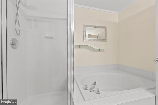 full bathroom with a garden tub, ornamental molding, and a stall shower