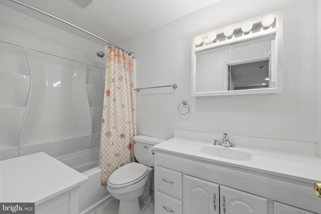 full bathroom featuring vanity, visible vents, toilet, and shower / bath combination with curtain