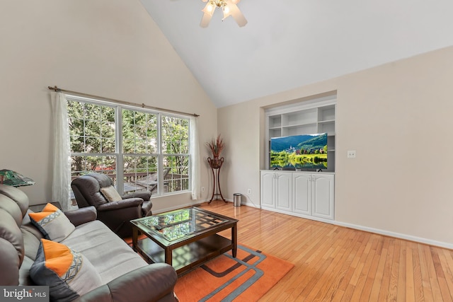 living area featuring a ceiling fan, built in features, high vaulted ceiling, baseboards, and light wood finished floors