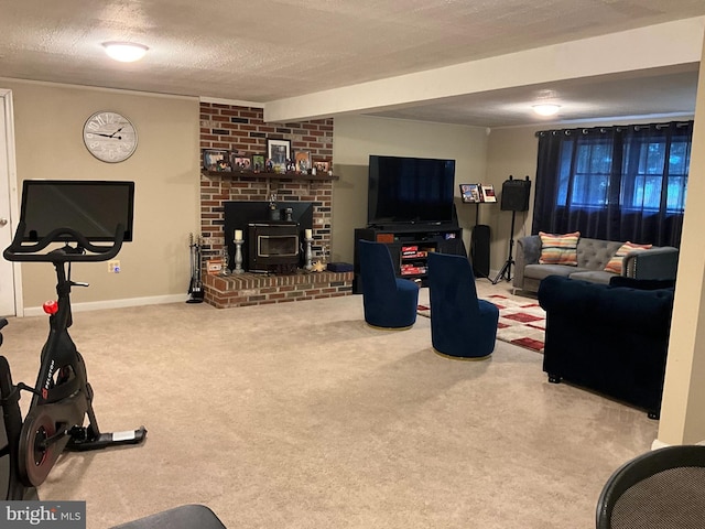 20416 Old York Rd, White Hall, MD 21161 - living room featuring baseboards, carpet, a wood stove, and a textured ceiling