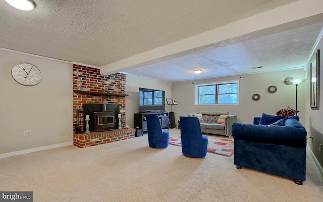 20416 Old York Rd, White Hall, MD 21161 - living area featuring a textured ceiling, a wood stove, beam ceiling, carpet floors, and baseboards