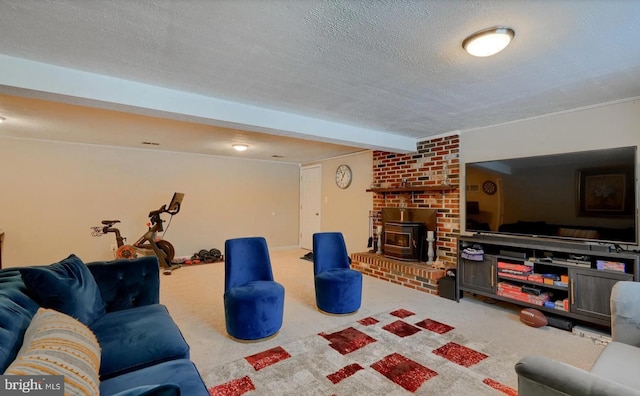 20416 Old York Rd, White Hall, MD 21161 - living area with carpet, a wood stove, and a textured ceiling