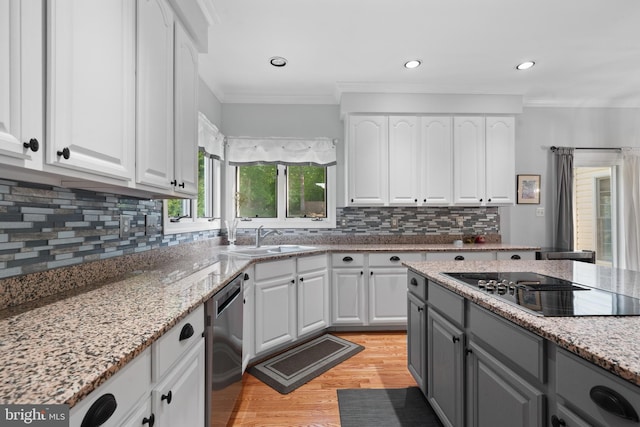4209 Hardy Ridge Dr, Woodbridge, VA 22192 - kitchen with black electric stovetop, white cabinetry, a sink, dishwasher, and gray cabinetry
