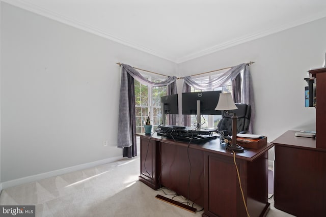 4209 Hardy Ridge Dr, Woodbridge, VA 22192 - home office featuring light colored carpet, ornamental molding, and baseboards