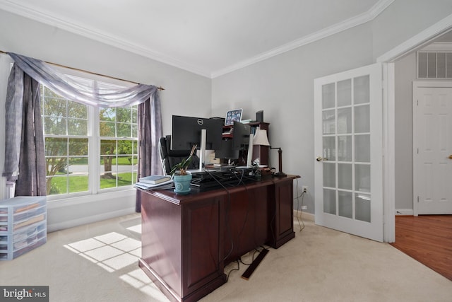 4209 Hardy Ridge Dr, Woodbridge, VA 22192 - office featuring crown molding, baseboards, light carpet, and a wealth of natural light