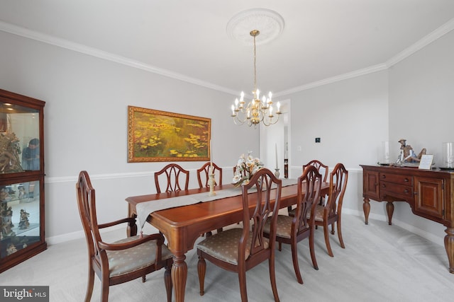 4209 Hardy Ridge Dr, Woodbridge, VA 22192 - dining space featuring baseboards, ornamental molding, a notable chandelier, and light colored carpet