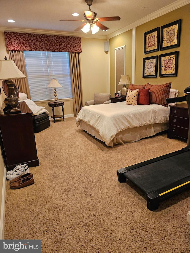 carpeted bedroom featuring recessed lighting and ornamental molding