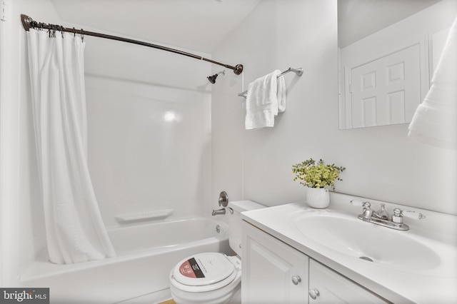 full bathroom with toilet, shower / bath combo, and vanity