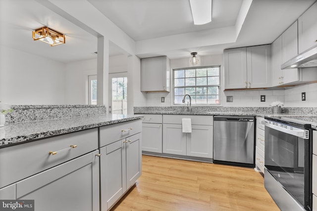 kitchen featuring light stone countertops, a sink, light wood finished floors, appliances with stainless steel finishes, and backsplash