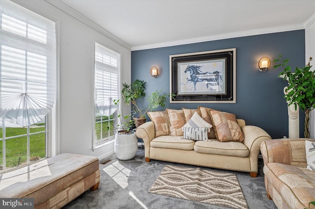 living area with crown molding, visible vents, carpet, and a wealth of natural light