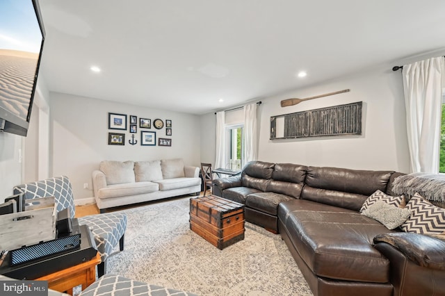 living area with wood finished floors and recessed lighting
