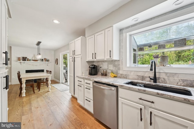 kitchen featuring white cabinetry, plenty of natural light, a sink, and dishwasher