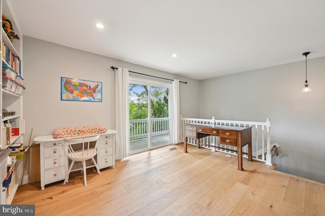 game room with light wood finished floors, visible vents, and recessed lighting