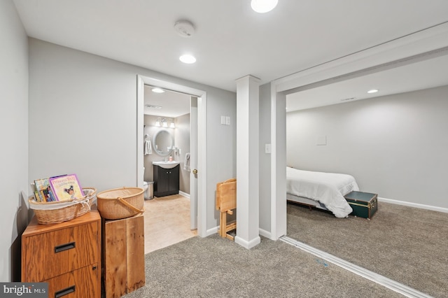 carpeted bedroom with baseboards and recessed lighting
