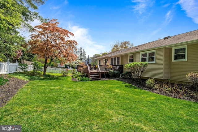 view of yard with fence and a deck