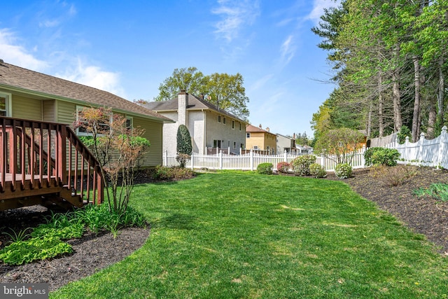 view of yard featuring a fenced backyard and a wooden deck