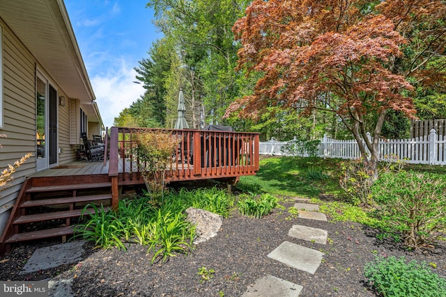 view of yard featuring a fenced backyard and a wooden deck