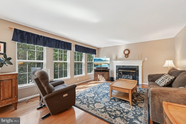 living room featuring baseboards, light wood-style flooring, a wealth of natural light, and a premium fireplace