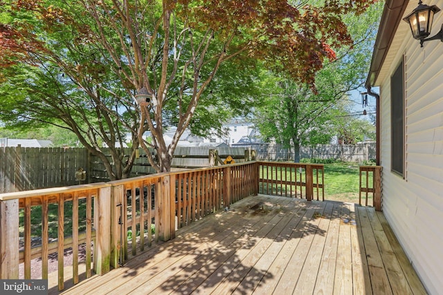 wooden deck featuring a fenced backyard and a lawn