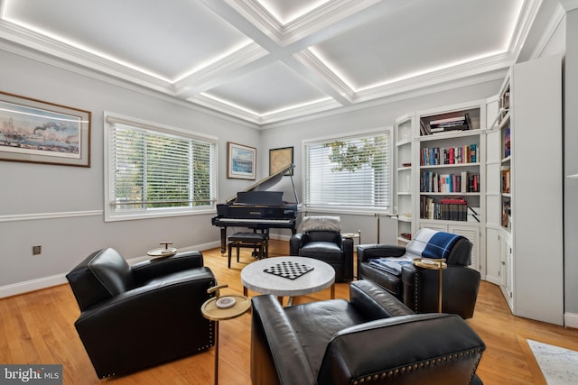 sitting room featuring crown molding, beam ceiling, coffered ceiling, and wood finished floors