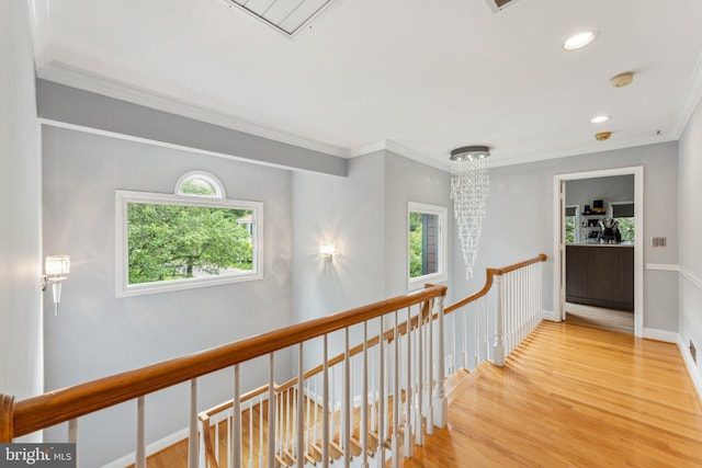 3015 Oregon Knolls Dr NW, Washington, DC 20015 - corridor with an upstairs landing, wood finished floors, crown molding, recessed lighting, and baseboards