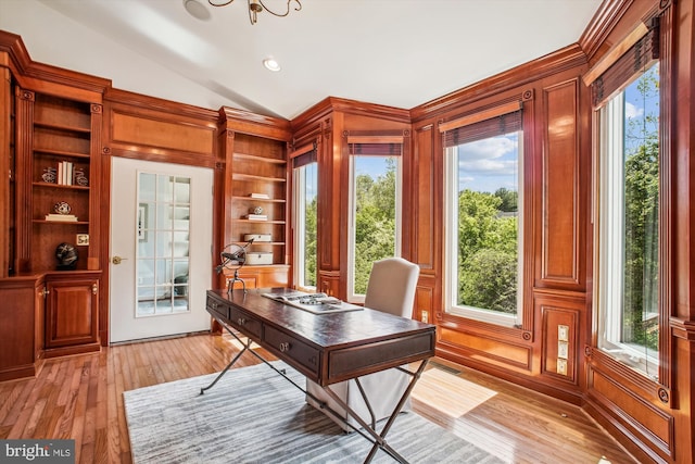 10601 Little Run Farm Ct, Vienna, VA 22182 - home office featuring a notable chandelier, built in shelves, recessed lighting, light wood-type flooring, and vaulted ceiling