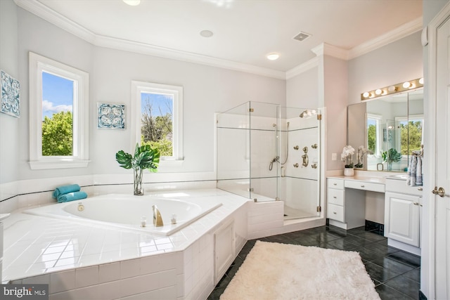 10601 Little Run Farm Ct, Vienna, VA 22182 - full bath featuring vanity, a shower stall, visible vents, ornamental molding, and a bath