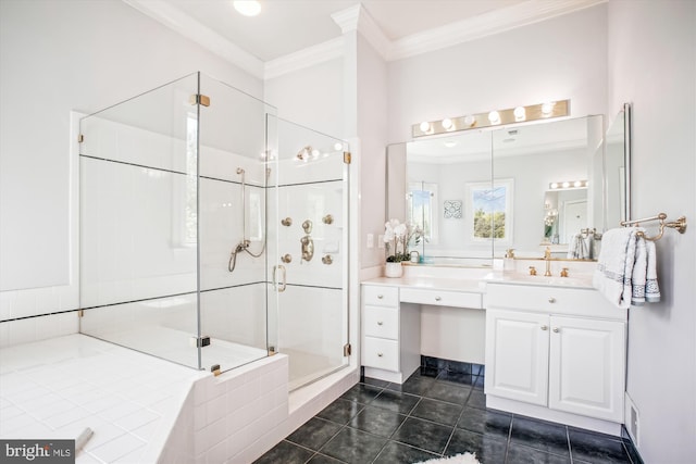 10601 Little Run Farm Ct, Vienna, VA 22182 - full bath featuring vanity, ornamental molding, a stall shower, and tile patterned flooring