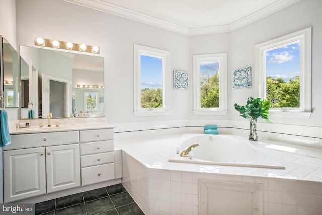 10601 Little Run Farm Ct, Vienna, VA 22182 - full bathroom featuring vanity, tile patterned floors, a bath, and ornamental molding