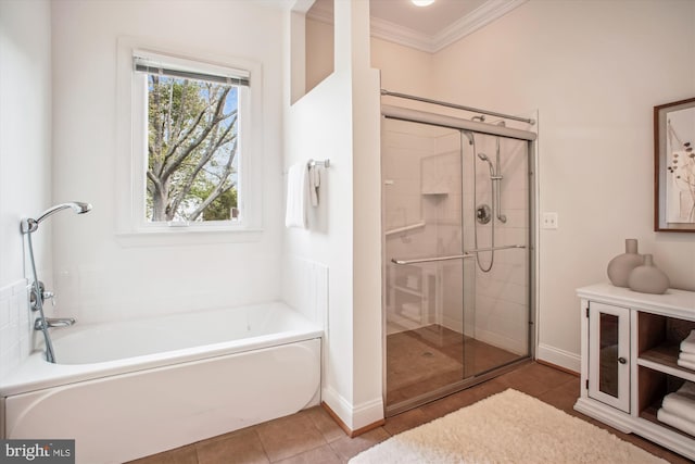 10601 Little Run Farm Ct, Vienna, VA 22182 - full bathroom featuring crown molding, a garden tub, tile patterned flooring, and a stall shower