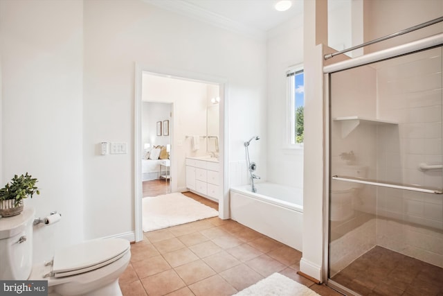 10601 Little Run Farm Ct, Vienna, VA 22182 - full bathroom featuring a bath, tile patterned flooring, a shower stall, vanity, and toilet