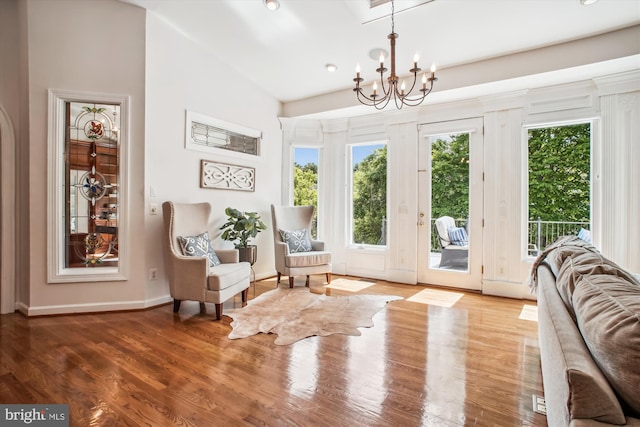 10601 Little Run Farm Ct, Vienna, VA 22182 - sitting room featuring lofted ceiling, wood finished floors, baseboards, recessed lighting, and a notable chandelier