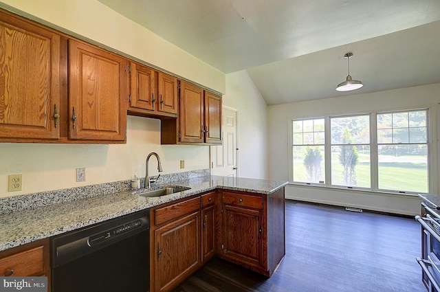kitchen featuring dishwasher, a sink, dark wood finished floors, vaulted ceiling, and light stone counters