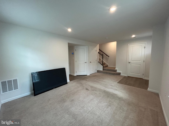 1108 Dovetail Cir, Fredericksburg, VA 22401 - unfurnished living room with stairway, recessed lighting, carpet floors, and baseboards