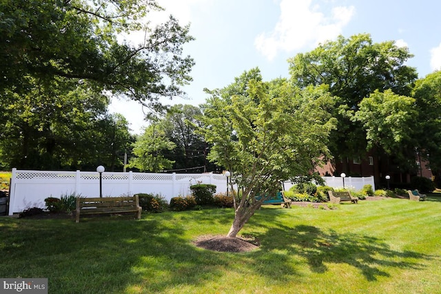 view of yard featuring fence and a garden
